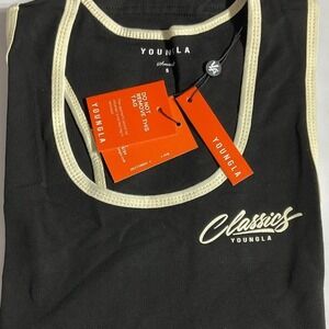 YOUNGLA Classics Tank Top Sleeveless Athletic Gym Fitness Black Beige Trim S